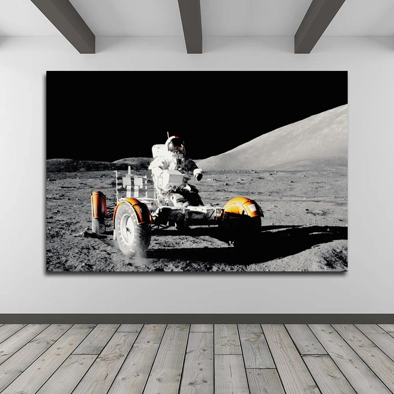 Pintura Vintage de astronauta en Rover Lunar, lienzo, arte de pared, póster clásico e impresión, imagen decorativa para el hogar, sala de estar y dormitorio