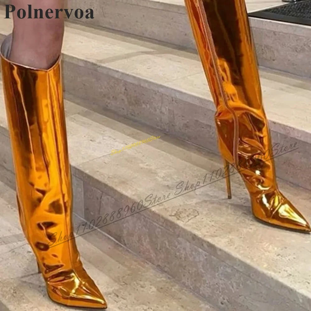 Kniehohe Luxus Abgeschrägte Gold Spiegel Stiefel Thin High Heel Frauen Schuhe Seitlichem Reißverschluss Spitz 2024 Mode Zapatos Para Mujere