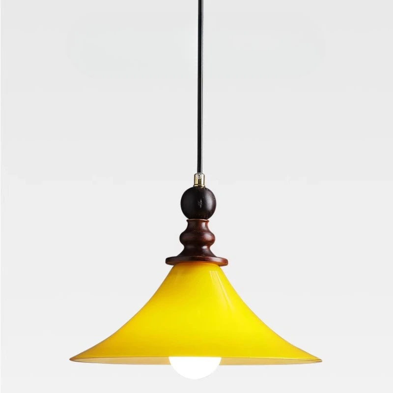 French Vintage Taper Yellow/white Glass Pendant Lights Wooden LED Hanging Lamp Living Room Bedroom Kitchen Restaurant Chandelier