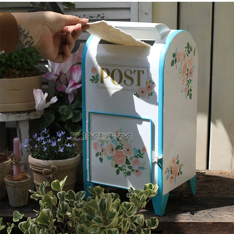 Freestanding Metal Mailbox Hand Painted Floral Decorative Post Box Lockable Small Letter Box for Garden Yard Tabletop Wedding