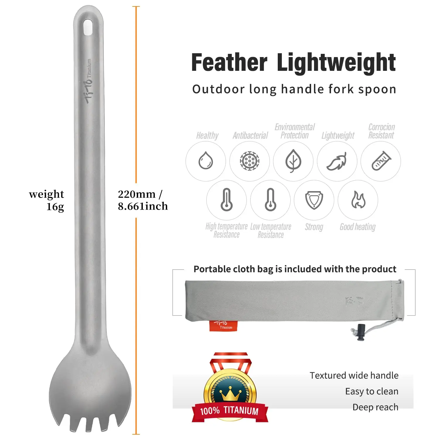 Titanium Long Handle Spork and Spoon Ultralight Portabale Flatware for Outdoor Camping Backpacking Hiking Travel  Picnic