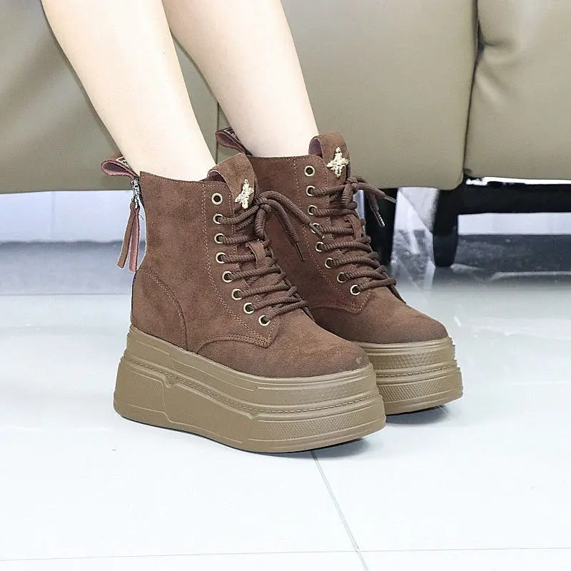 Fashionable Thick Sole Women's Short Boots Winter Warm Fur Lined Elevated Sole 12cm Invisible Heel Stylish Platform Ankle shoes
