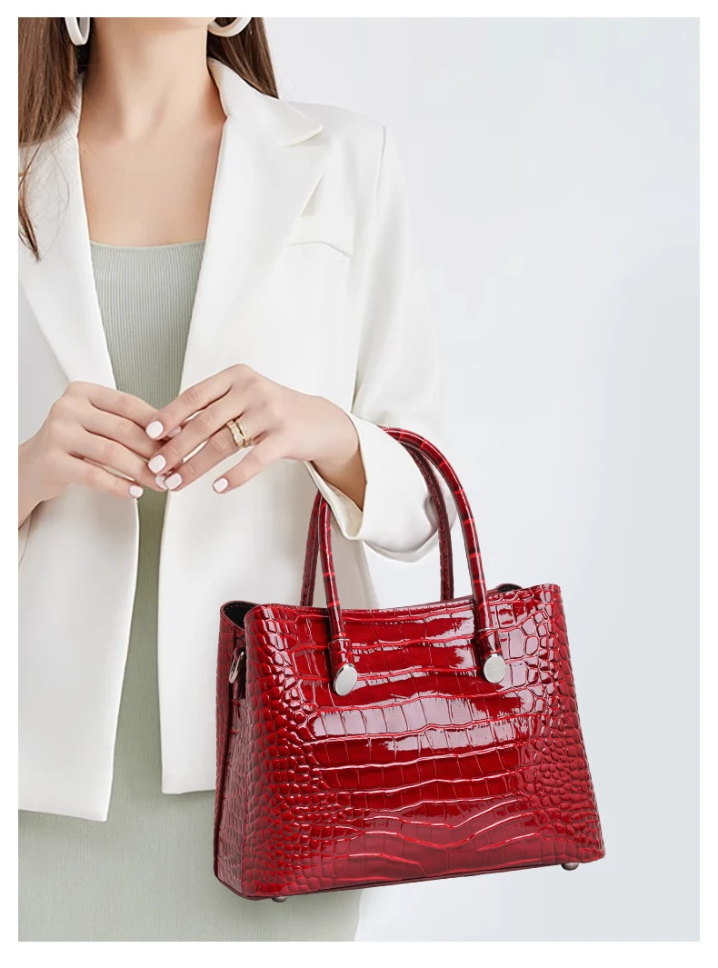 Echte Rindsleder-Handtasche mit Krokodilmuster für Damen, Glänzende Leder-Tragetasche, Tragbare Umhängetasche mit Mehreren Taschen für Pendlerinnen – Detail 1