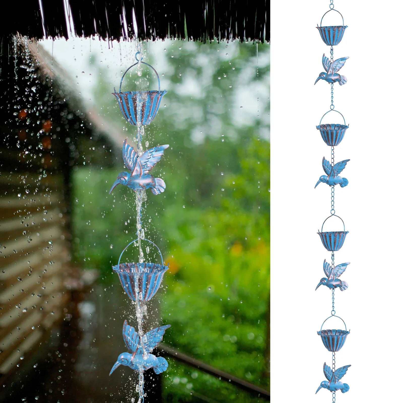 C2 Metal Drainage Rain Chain Outdoor Garden Decor Hummingbird and Cup Rain Chain Metal Rain Catcher Chain Gutter Roof Decoration