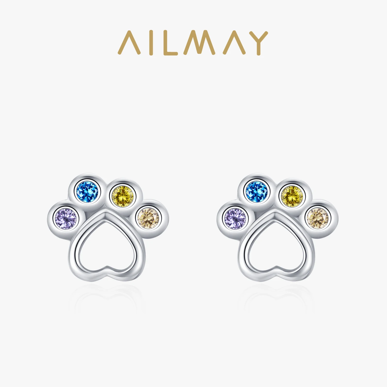 Ailmay 925 Sterling Silver Rainbow Colorful Zircon Pet Paw Footprint Stud Earrings For Women Sweet Earrings Fine Christmas Gift