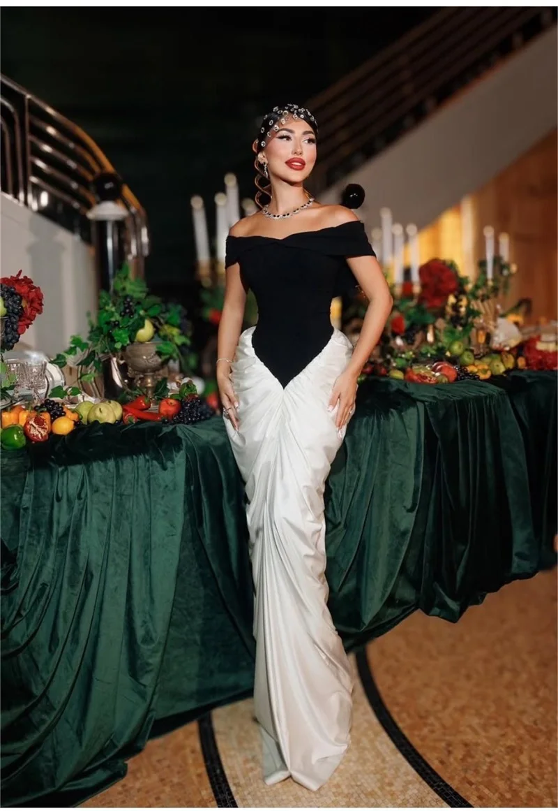 

Elegant Black White Women Prom Dress Sexy Off Shoulder Lace Up Back Long Party Gown Formal Sheath Evening Birthday Robe