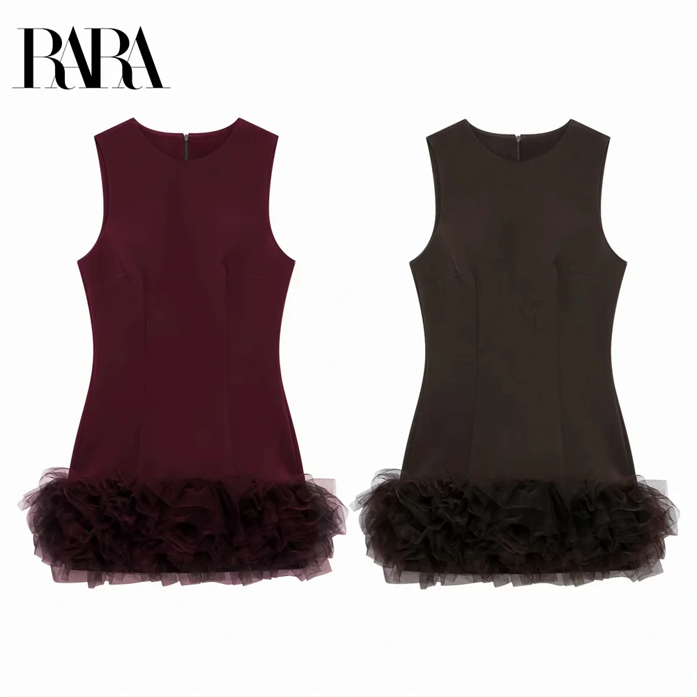 

2024 RARA Autumn/Winter New French Sweet Silk Mesh Splicing Round Neck Sleeveless Flower Bud Dress