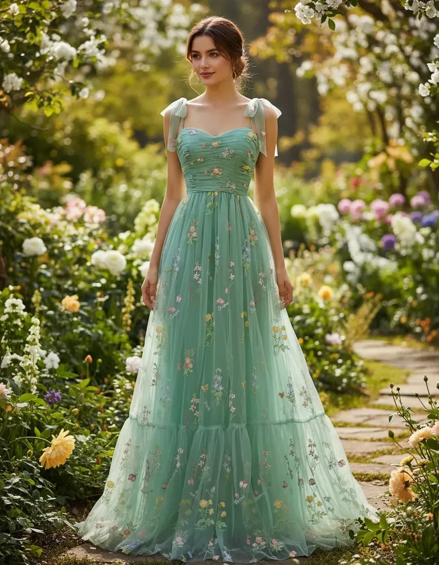 

Various Colors Fairy Spaghetti Strap Floral Tulle Dress Elegant Quinceanera Prom Wedding Bridesmaid Evening Party Gown