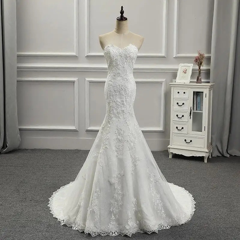 

Light luxury lace embroidered strapless fishtail slimming wedding dress.(018)