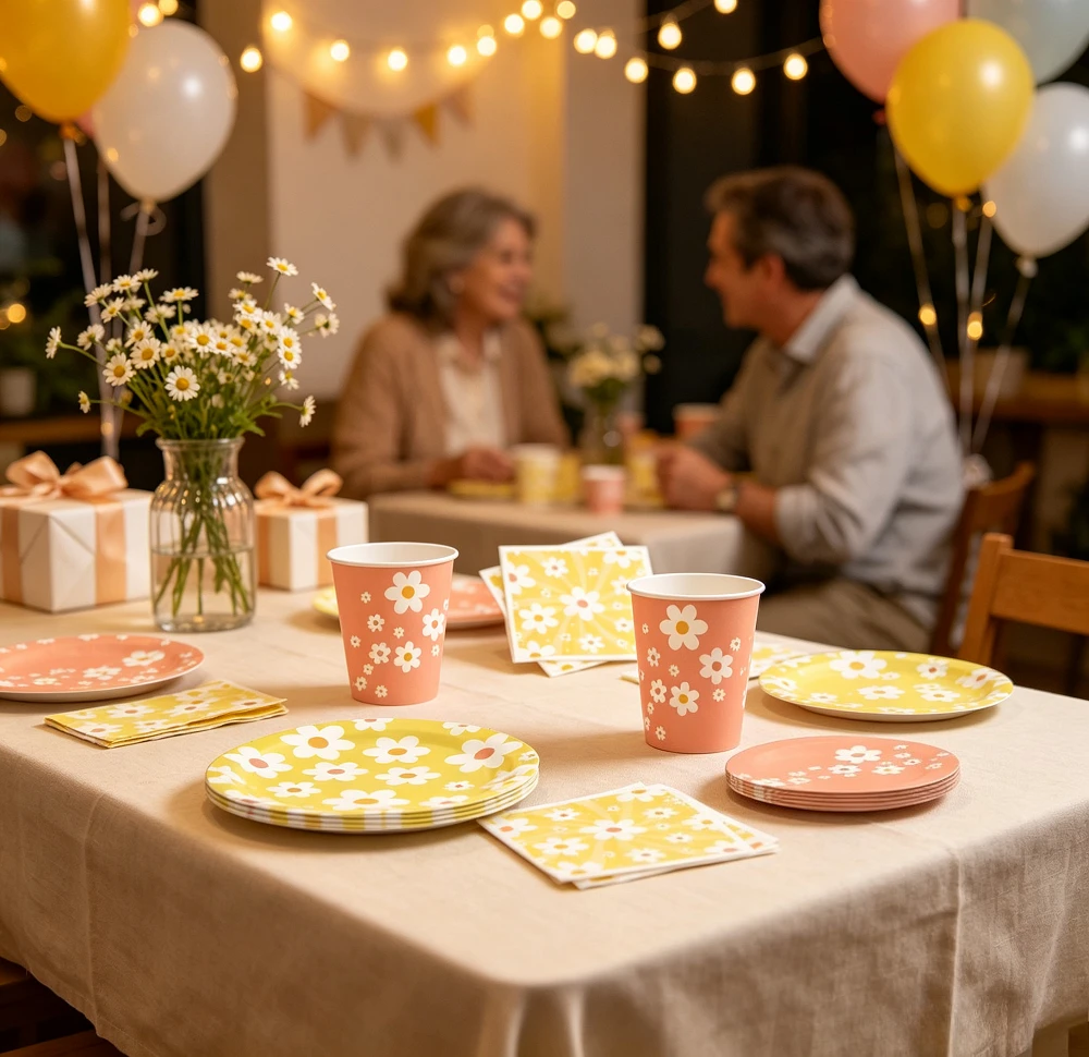 Fresh Daisy Disposable Tableware Set Paper Plate Paper Cup Garden Party Birthday Bridal Tea Party Anniversary Banquet Decoration