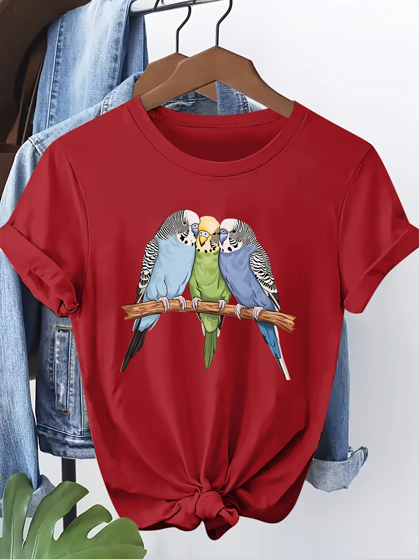 Three Budgies Together Printed Pattern Round Neck Women's Comfortable Soft Tshirt Breathable New Spring/Summer Short Sleeve Gift