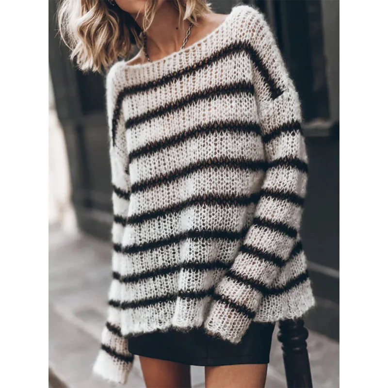 

Женский свитер в европейском и американском стиле, круглый вырез, длинный рукав, полосатый пуловер, повседневная весна и лето