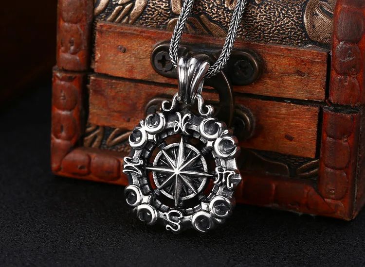 S925 pure silver necklace pendant, men's starry sea compass pendant, steering wheel, Thai silver retro vintage vintage vintage p