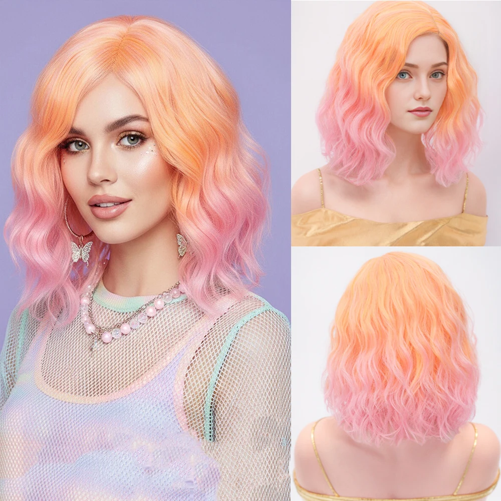 

Short Curly Orange Gradient Pink Synthetic Wig with Side Bangs for Women Lolita Party Cosplay Halloween Fake Hair Heat Resistant