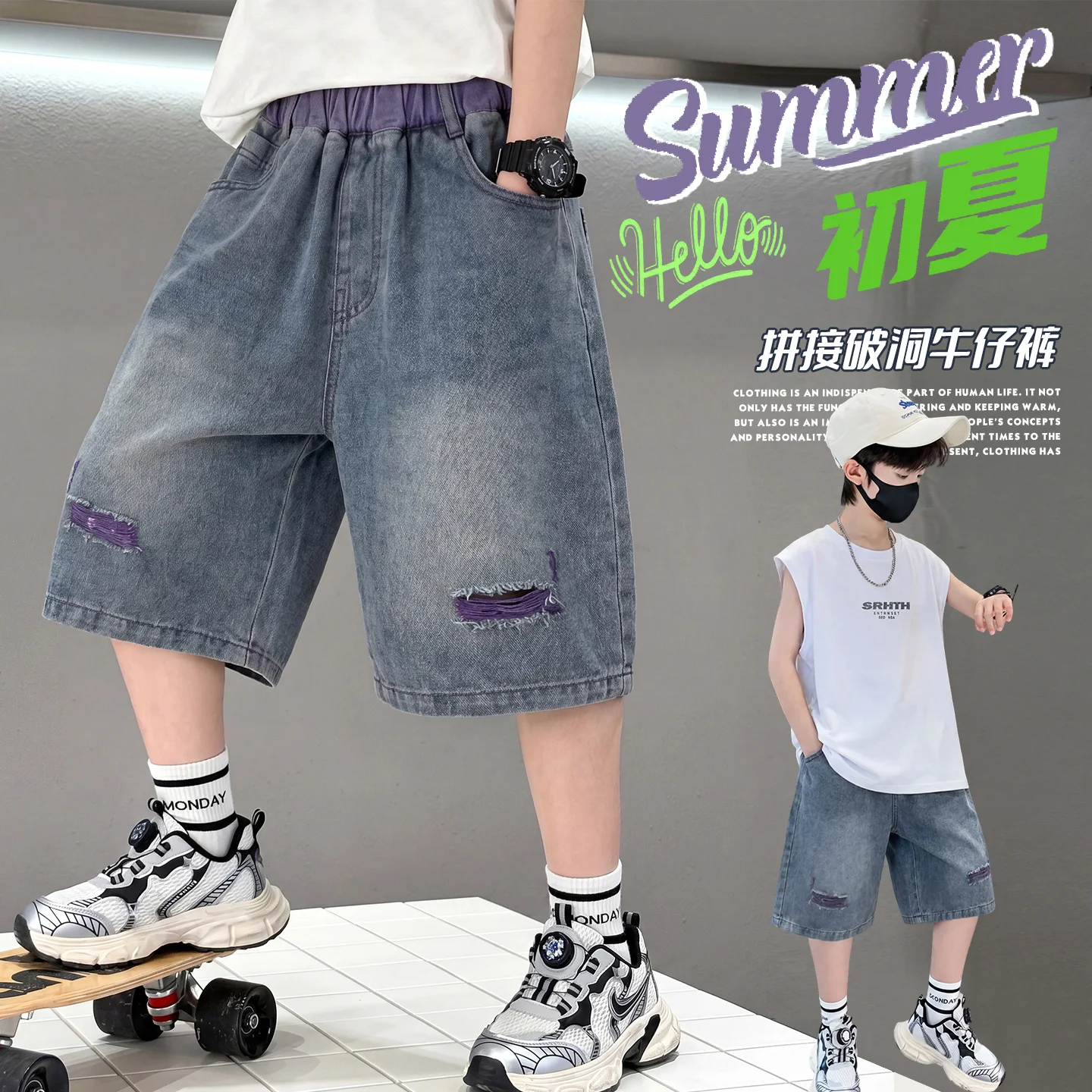 Tween Boy Purple Hole Denim Shorts for Summer Kids Vintage Capris Denim Pants Teens Child Loose Style Knee Length Jeans 4-14Y
