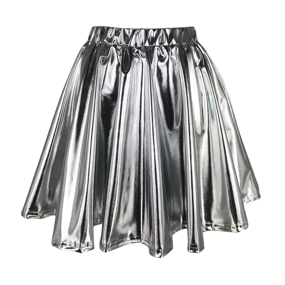 Women'S Fashion Metallic Skater Skirt High Waist Pleated Solid Color Short Skirt Sparkly Shiny Leather A-Line Skirts