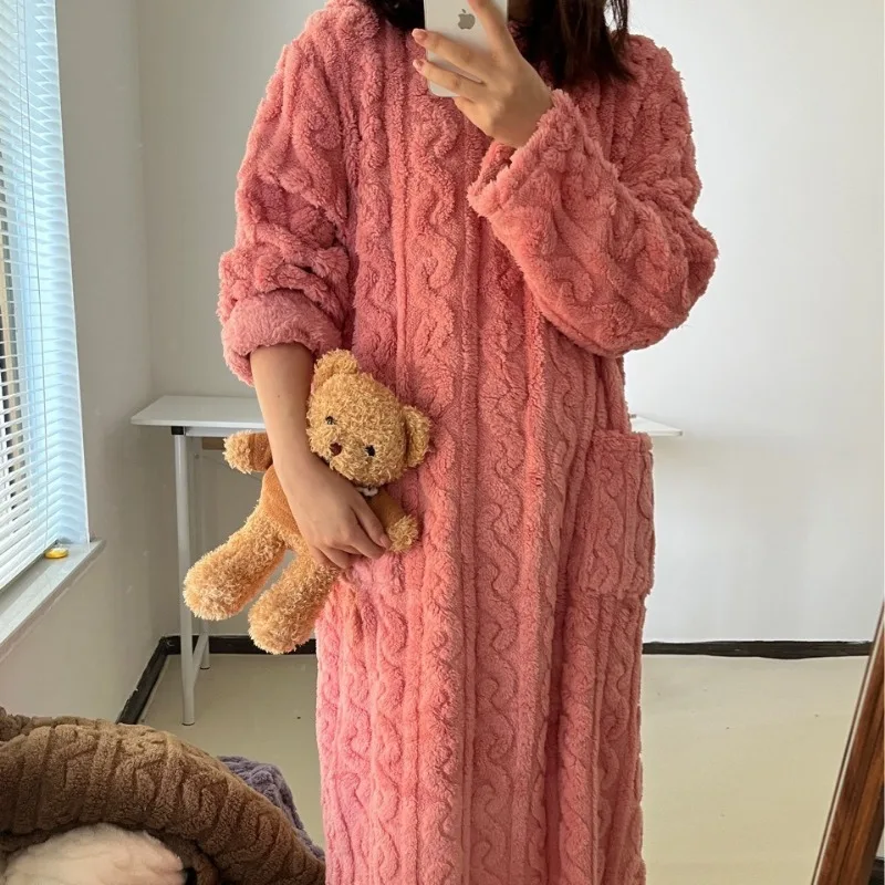 Bathrobe women's bathrobe coral padded thickened warm pajamas dress winter college students homewear plus size women's clothes c