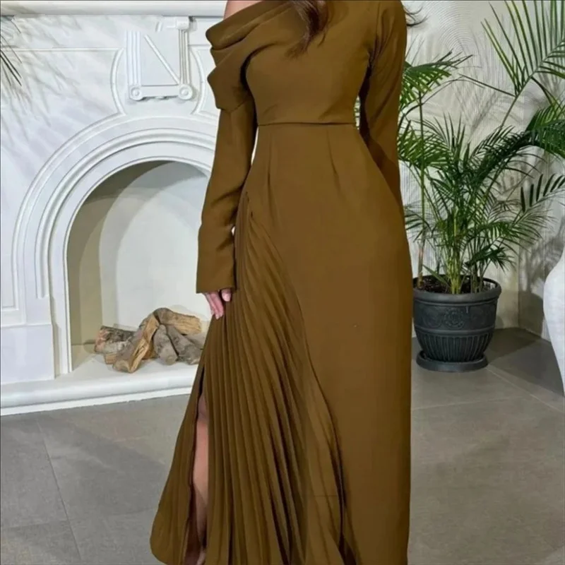 

One - Shoulder Olive Green Prom Dress Chic Beach فساتين السهرة Maxi Dress with Pleated Evening Dress for Woman Customized