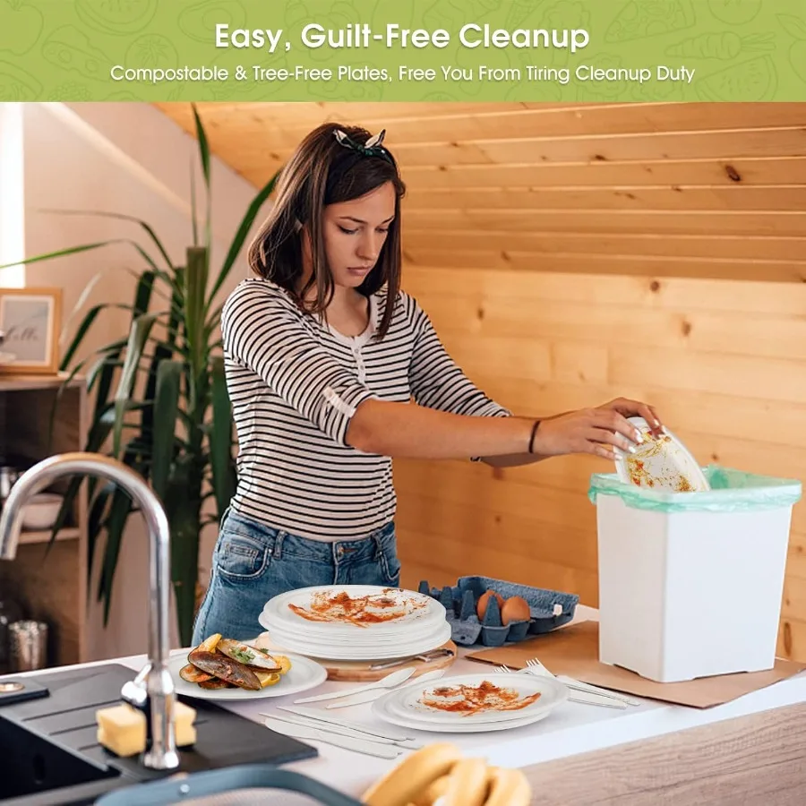 Pratos de papel compostatáveis, 250 peças, com conjunto de talheres, descartável, biodegradável, utensílio longo, ecológico, inclui pratos f