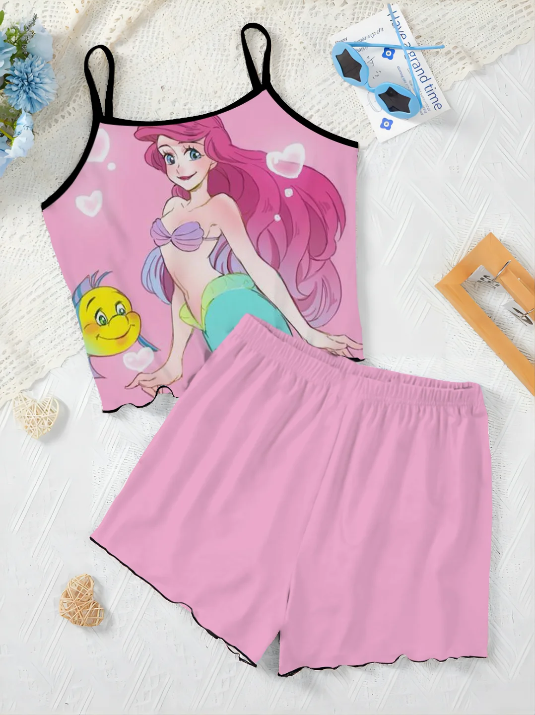 T-shirt Sałata Trim Krótkie zestawy dla kobiet 2-częściowy top Disney Mermaid Slip Dress Piżama Spódnica Nowy dwuczęściowy zestaw Elegancki damski