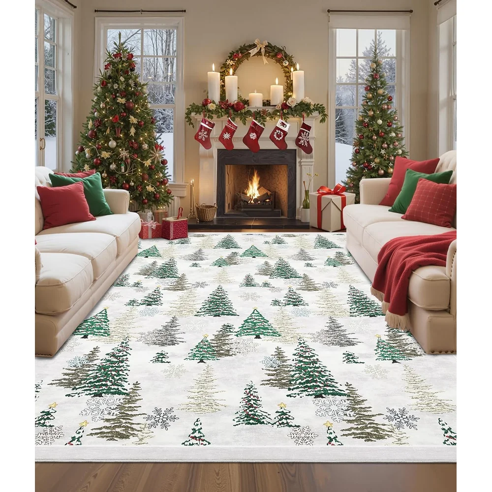 Extra Large 10x12 Christmas Tree Snow Print Area Rug Red Washable Stain Resistant Carpet for Laundry Room Bedroom Home Decor