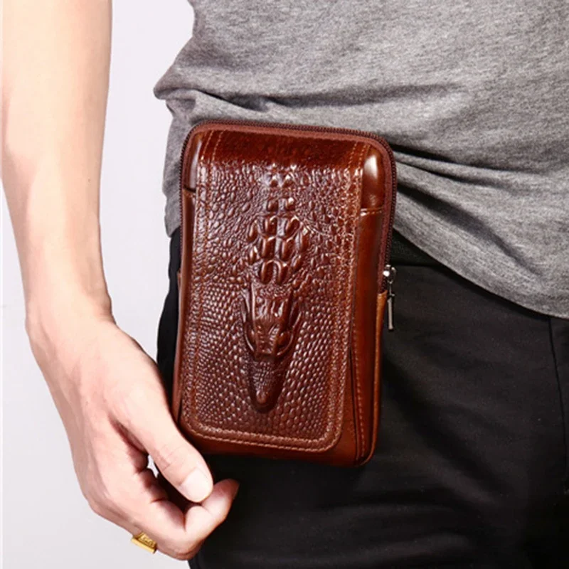 Men Real Cowhide Cell Mobile Phone Case Purse Bum Crocodile Grain Style Cigarette Belt Hip Genuine Leather Waist Pack Fanny Bag