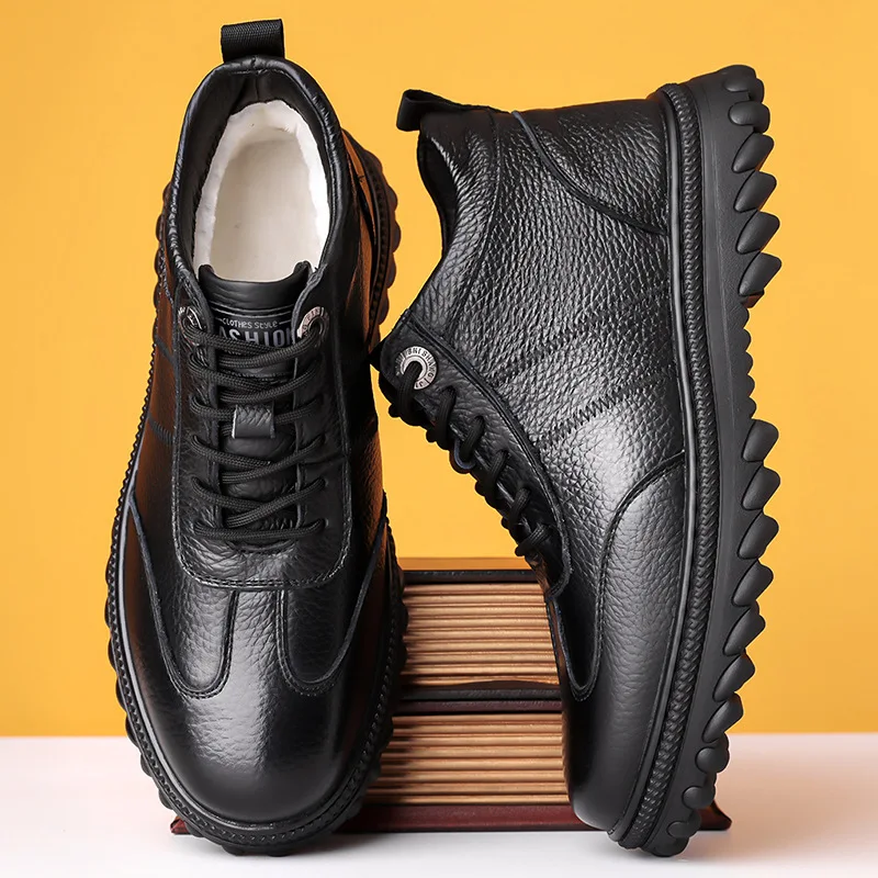 First Layer Cowhide Cotton Shoes Men's Winter Thickened Velvet Business Casual Boots Non-slip Outdoor Warm Cotton Leather Shoes