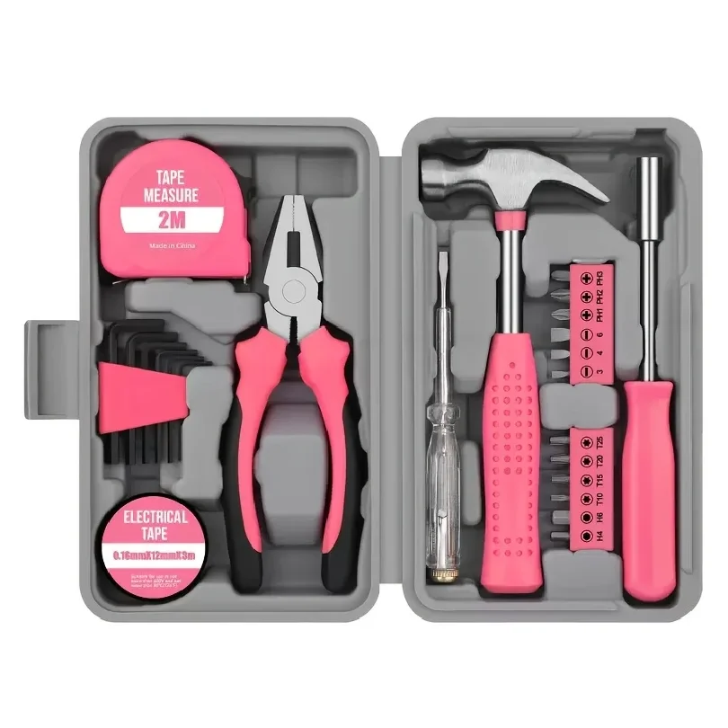 

23+1pcs Pink Tool Set, Metal Hand Tools in Classic Barn Tool Box, Home Repair Kit, Durable Ladies Tool Kit