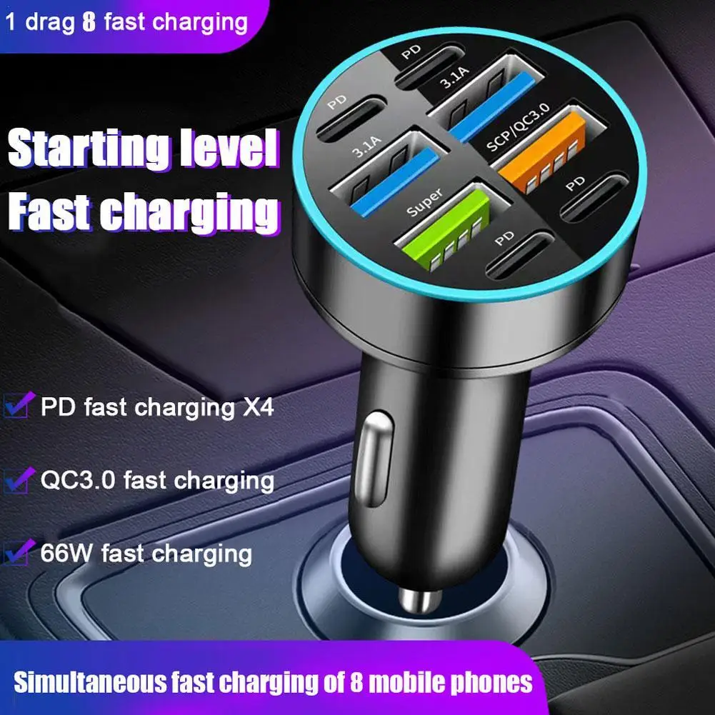 8 Port Car Charger 36w 4USB A+4Type C Fast Charging Car Mobile Phone Adapter For Xiaomi iPhone Oneplus Cellphone