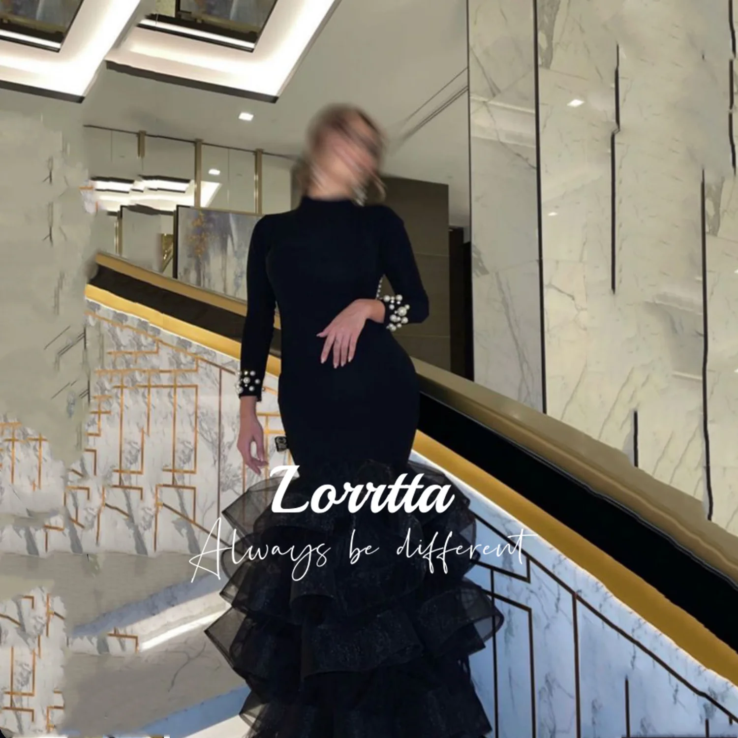 Lorrtta Saudi Arabia Black Evening Gown Puffy Skirt Long Sleeve Satin Mermaid Dubai Formal Evening Gown Dresses for Prom Party