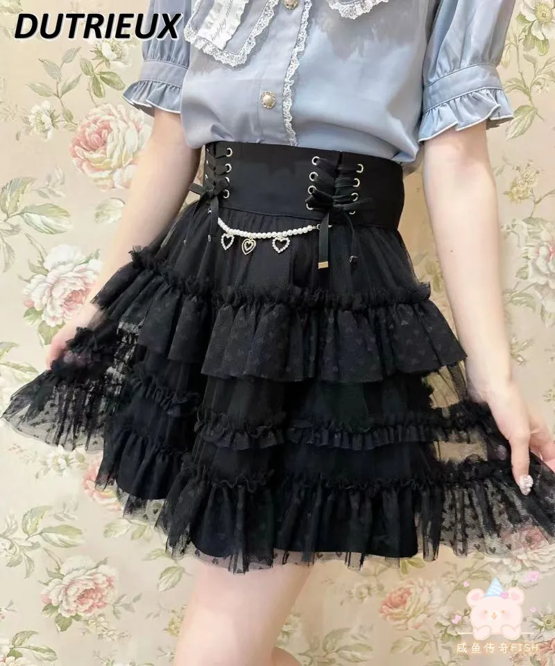 Japanese Skirt Women Summer New Love Chain Ribbon Layers Cake Skirts Mine Series Mass-Produced All-Match Sweet Lace Mini Skirt