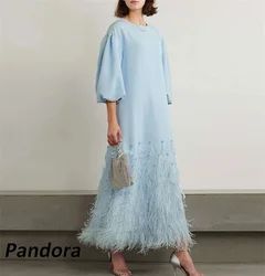 Pandora O-Neck Saudi Prom Dress Half Sleeves Evening Dress With Feathers Women Wedding Party Gowns  Arabia