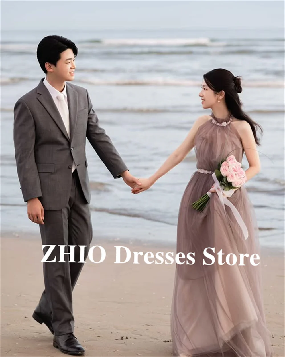 ZHIO الجنية الأرجواني المغبر الرسن فساتين لحضور الحفلات الموسيقية كوريا التقطت الصور الطيات ألف خط رداء حفلات الزفاف طول الأرض الديكور حسب الطلب