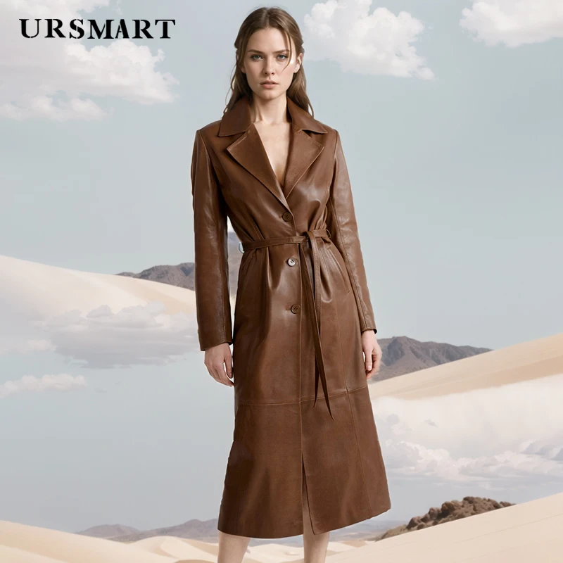 High-Quality  Leather Windbreaker for Women Long Length Waist-Cinching Trendy Fashion leather jacket