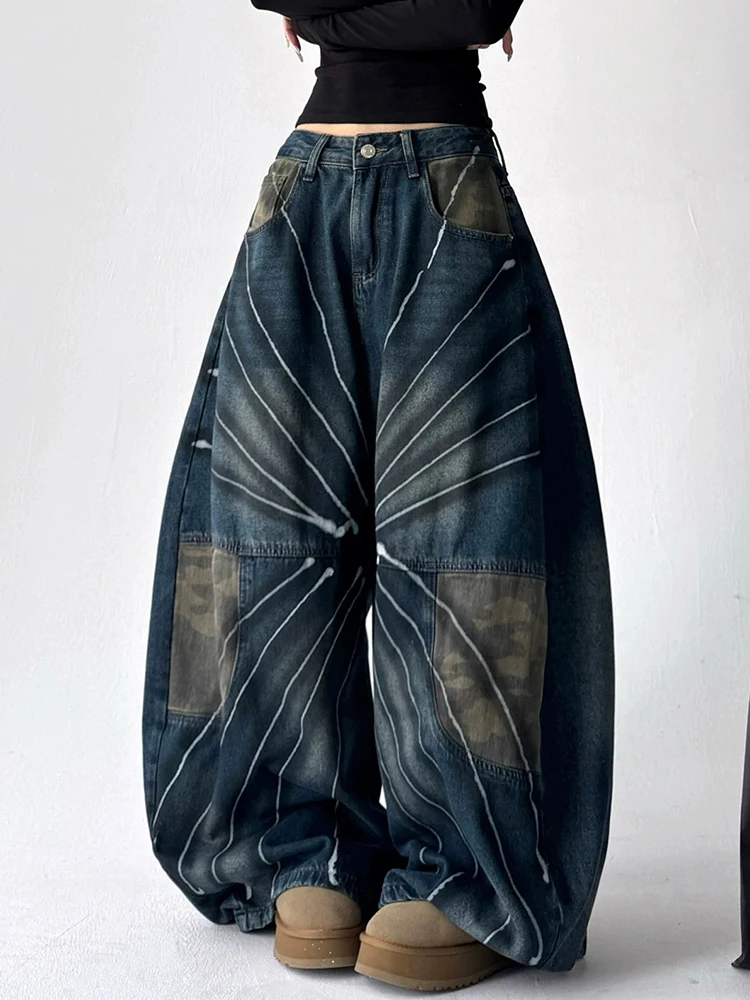 Y2k americano retro jeans feminino lavado camuflagem outono inverno cintura alta solto ajuste curvo calças versáteis na moda
