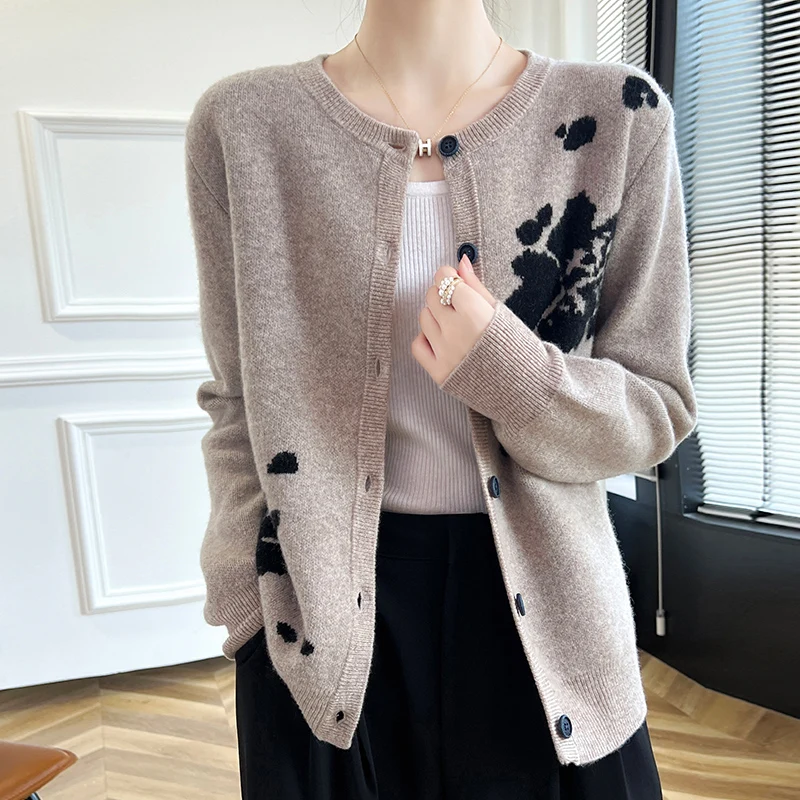 100% merino wool cardigan New cashmere sweater women\'s round neck cardigan in autumn and winter warm soft knit bottoming top