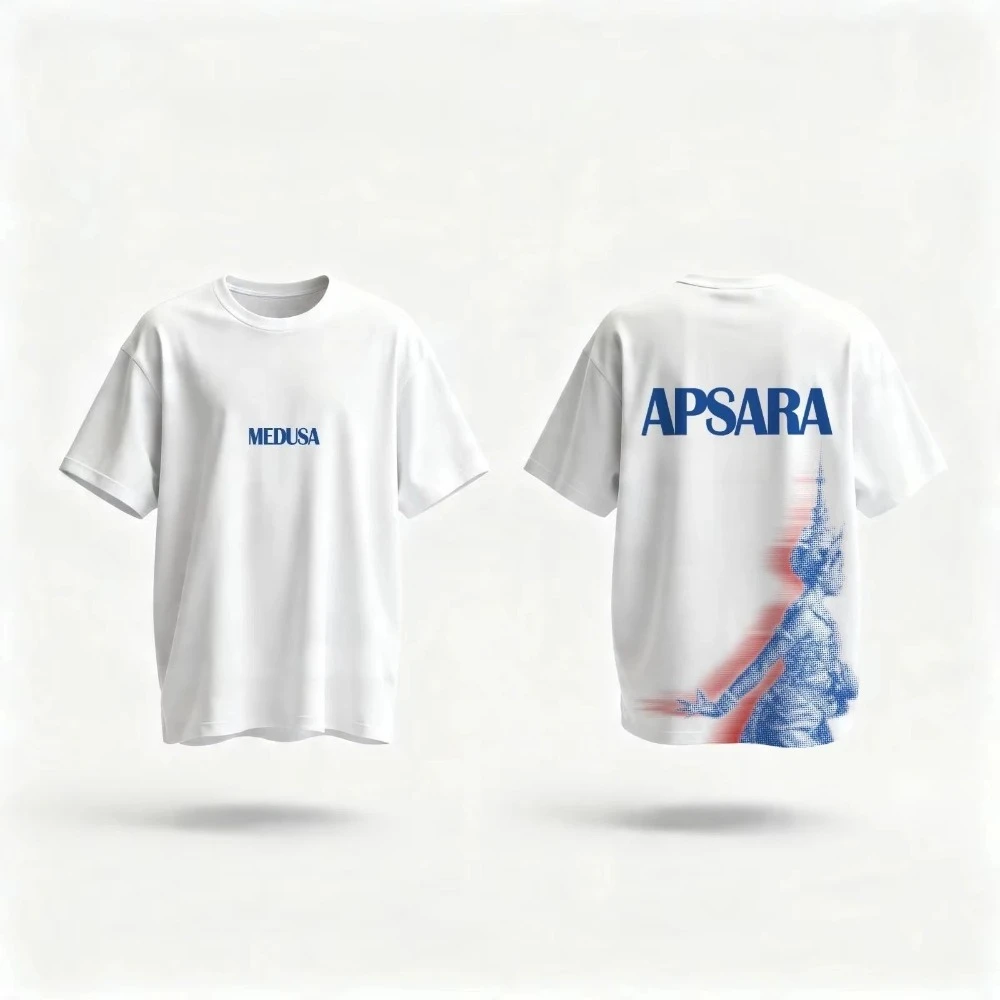 Apsara Dancer Dual‑Sided Letter Print Men T‑Shirt Fashion Graphic Short Sleeve Loose Streetwear Daily Tees
