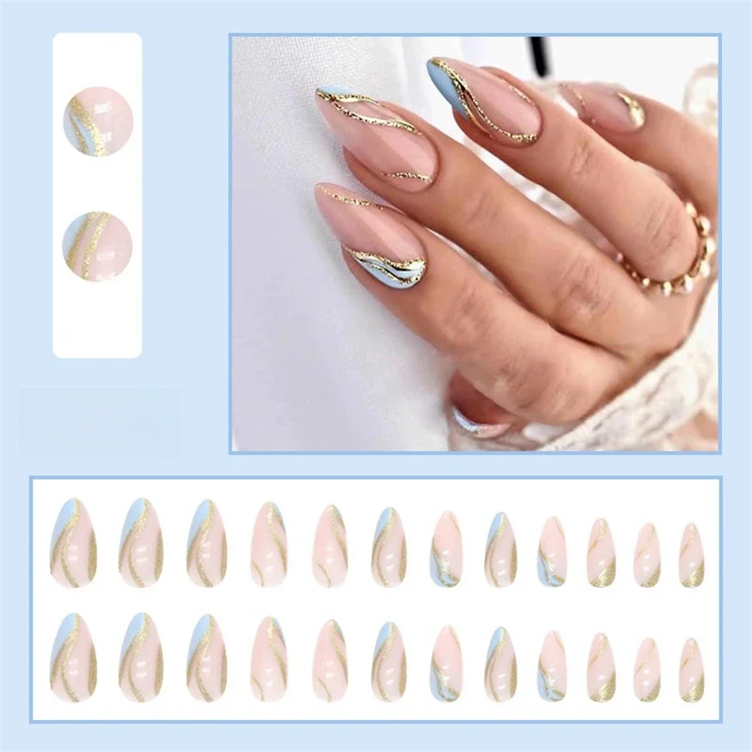 24Pcs/Set Simple White Adhesive Fake Nails French Almond Acrylic Wearing False Nails Full Coverage Fashion Press on Nail Tips