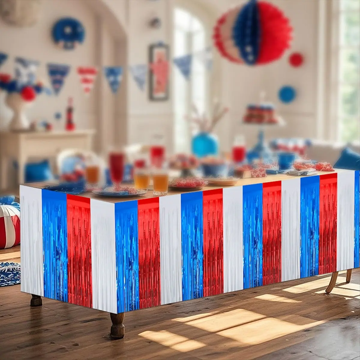 REST 4 Pack 4th of July Decorations, Metallic Foil Fringe Tinsel Table Skirts Patriotic Red White Silver Parties Decorations
