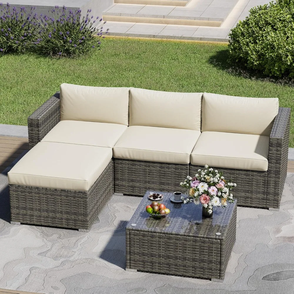 

5-piece outdoor terrace combination furniture, outdoor weather resistant rattan sofa, balcony waterproof conversation sofa