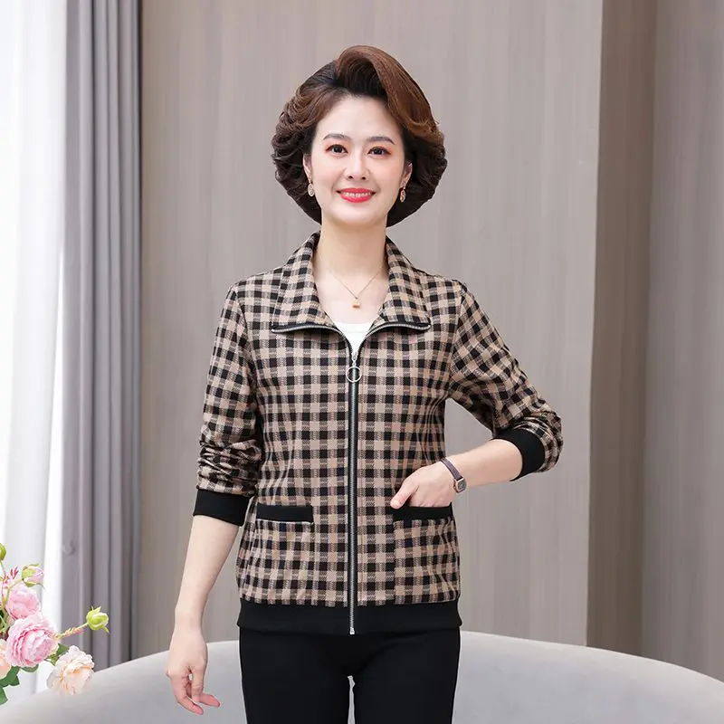 Spring Autumn Oversized Fashion Top Tee Ladies All-match Zipper Loose Turn-down Collar Long Sleeve Coat Women\'s Houndstooth Coat