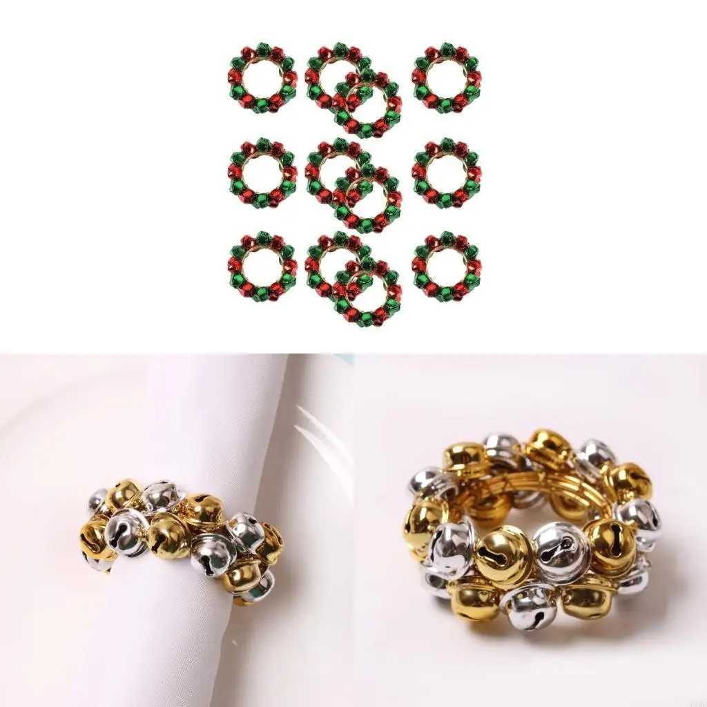F19B 12pcs Napkin Holder Decorative Christmas Bells Napkin Rings for Party Tablewares