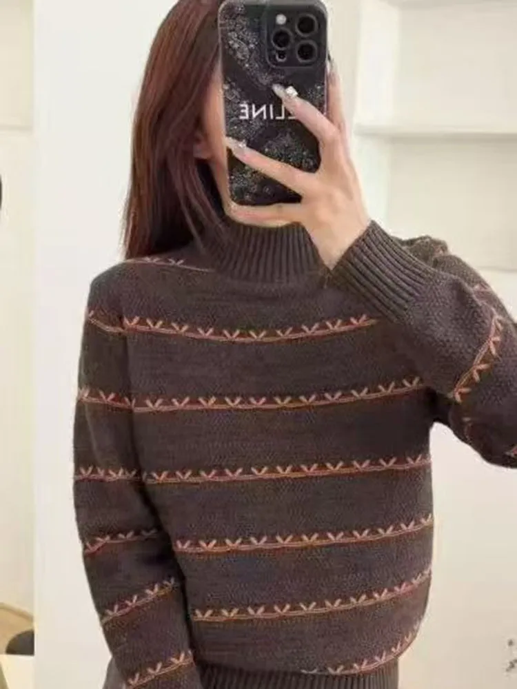Red Loose Knitted Sweater Women's f High Collar Striped Base Layer Top Casual Sle Soft Fabric Long Sve Winter Wear