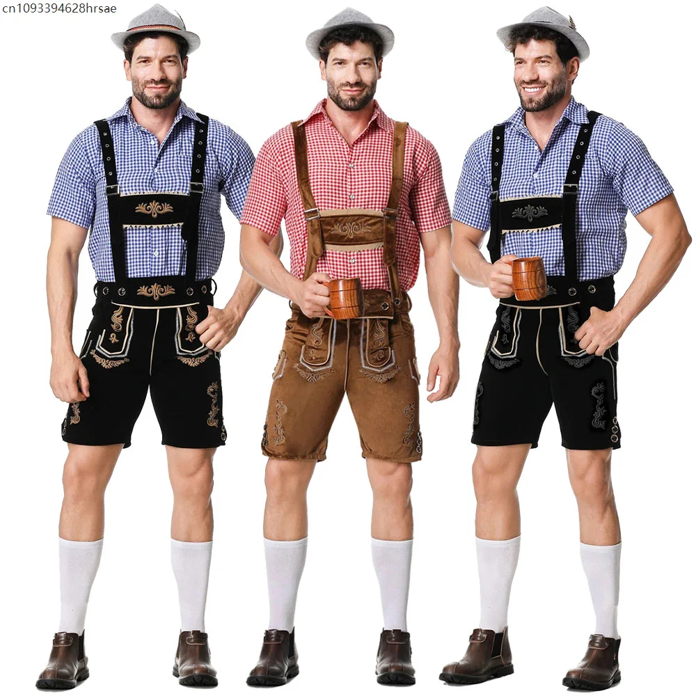 البيرة قميص الحمالة السراويل قبعة تأثيري ازياء البافارية Octoberfest الألمانية البيرة زي الذكور مهرجان أكتوبر Lederhosen زي