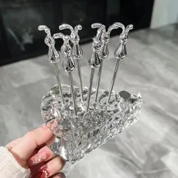 6pcs Nordic style Fruit Fork with Cheese Holder Stainless Steel Cake Dessert Sandwich Salad Food Picks Dining Table Decoration
