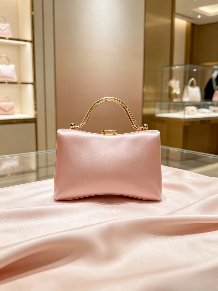 Nude Pink Soft Satin Minimalist Curved Gold Handle Clutch Luxury Gentle Evening Purse For Mature Women Daily Wedding Versatile