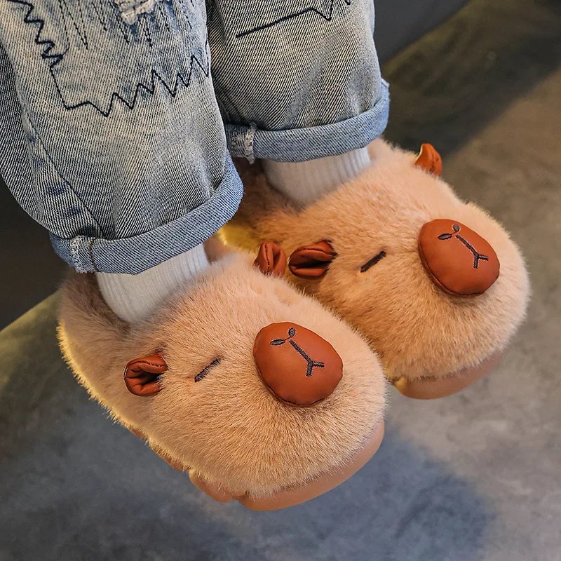 

Capybara Children Cotton Shoes Cute 2025 Winter New Fluffy Slippers Warm Comfortable Indoor Cartoon Plush Floor Home Slippers