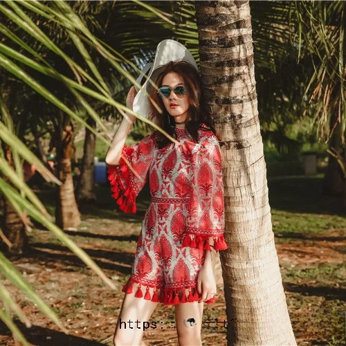 

Summer New Arrival Red Holiday One-Piece Pantsuit Embroidered Tassel Netting ort orts High Waist n Sle Casual Pants