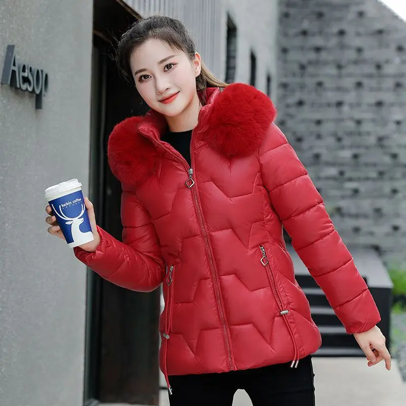 2023 Winter New Hooded Down Jacket Women Bright Surface Wash-Free Cotton-Padded Coat Short Fur Collar Coat