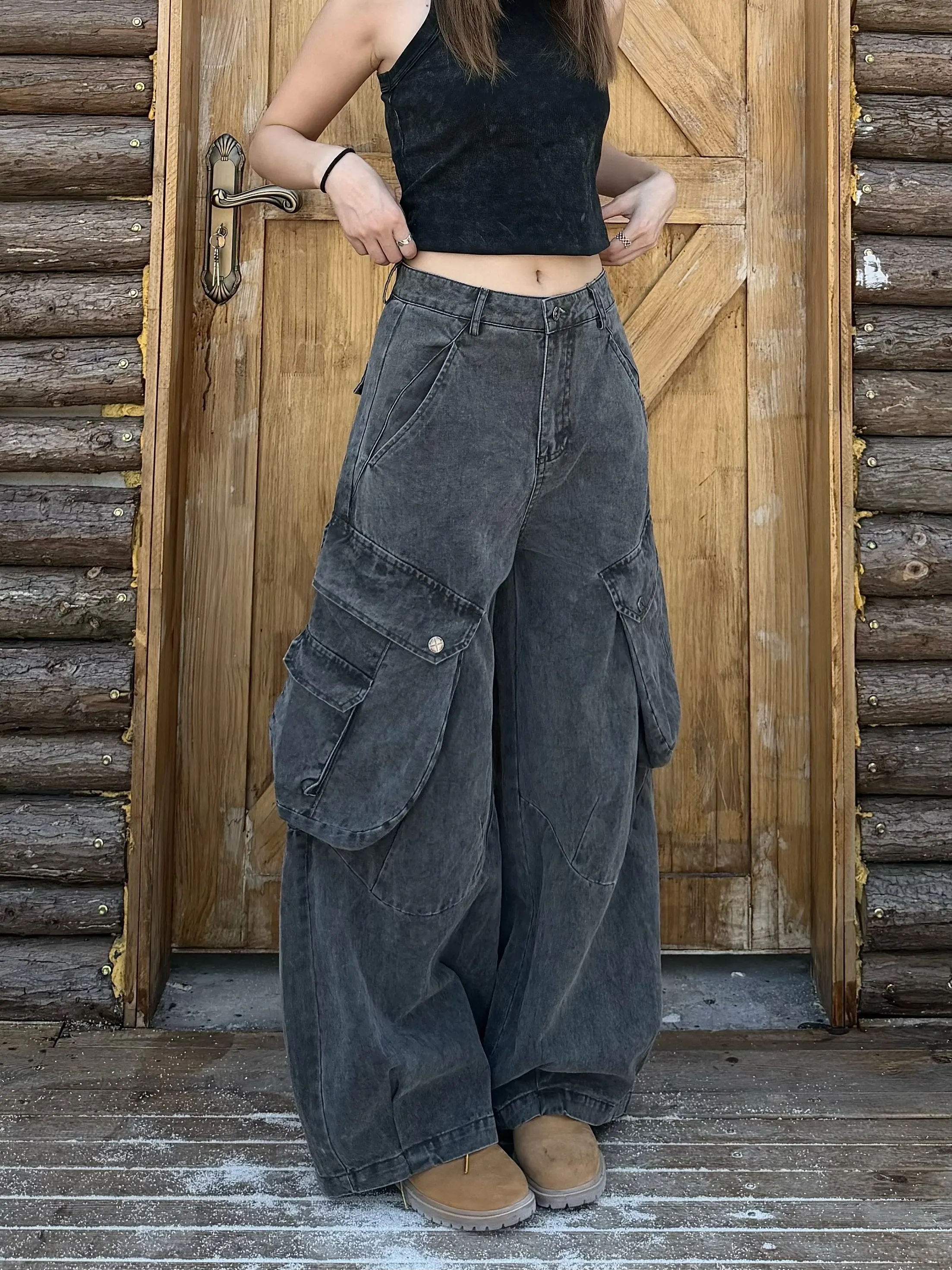 

American Style Street Retro Loose Wide Leg Multiple Pockets Knife Jeans Casual Cleanfit Long Trousers Trendy Brand